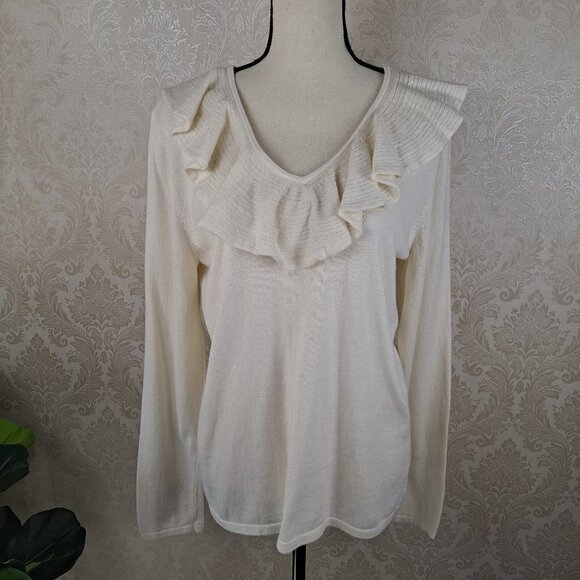 Lauren Ralph Lauren Size XL Cream Colored V-Neck Sweater Ruffle Detail Long Slve - Picture 1 of 9